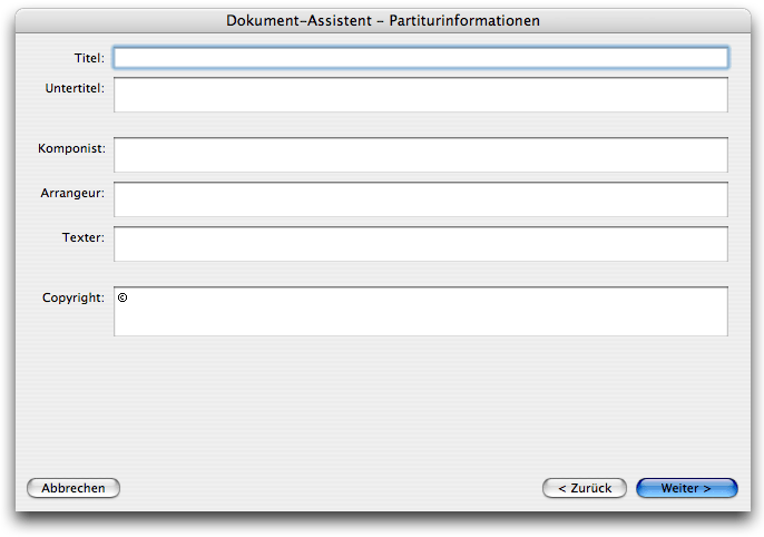 Dialogbox Dokument-Assistent Partiturinformationen